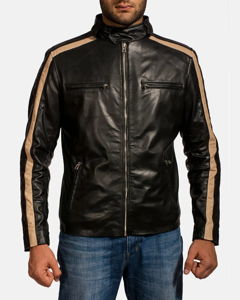 Stylish black leather motorcycle jacket with gold stripe for men.