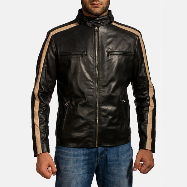 Stylish black leather motorcycle jacket with gold stripe for men.