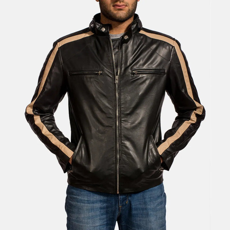 Stylish black leather motorcycle jacket with gold stripe for men.