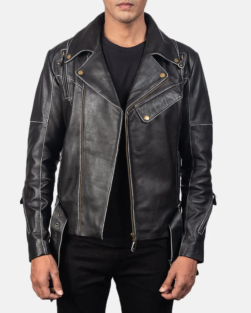 Embrace the timeless appeal of a black leather riding jacket, expertly crafted from leather.