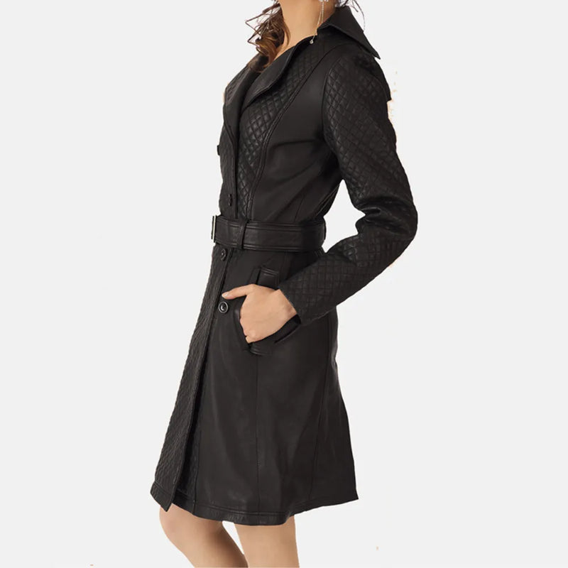 A stylish woman wearing a black leather trench coat and boots, looking confident and ready for any occasion.