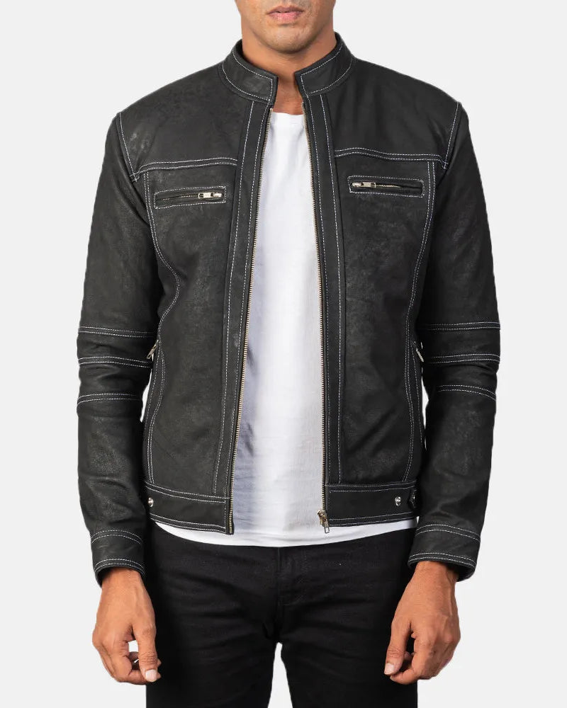 Black leather winter jacket made from soft, stretchy material.