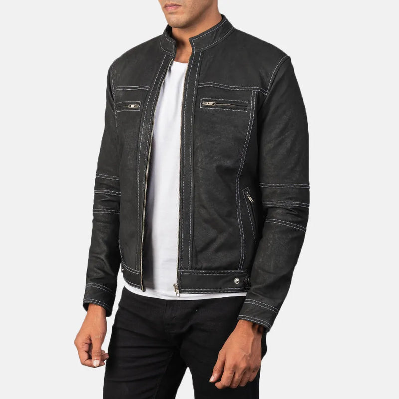 Black leather winter jacket made from soft, stretchy material.