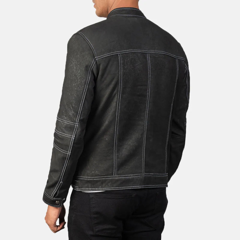 Black leather winter jacket made from soft, stretchy material.