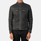 Black leather winter jacket made from soft, stretchy material.