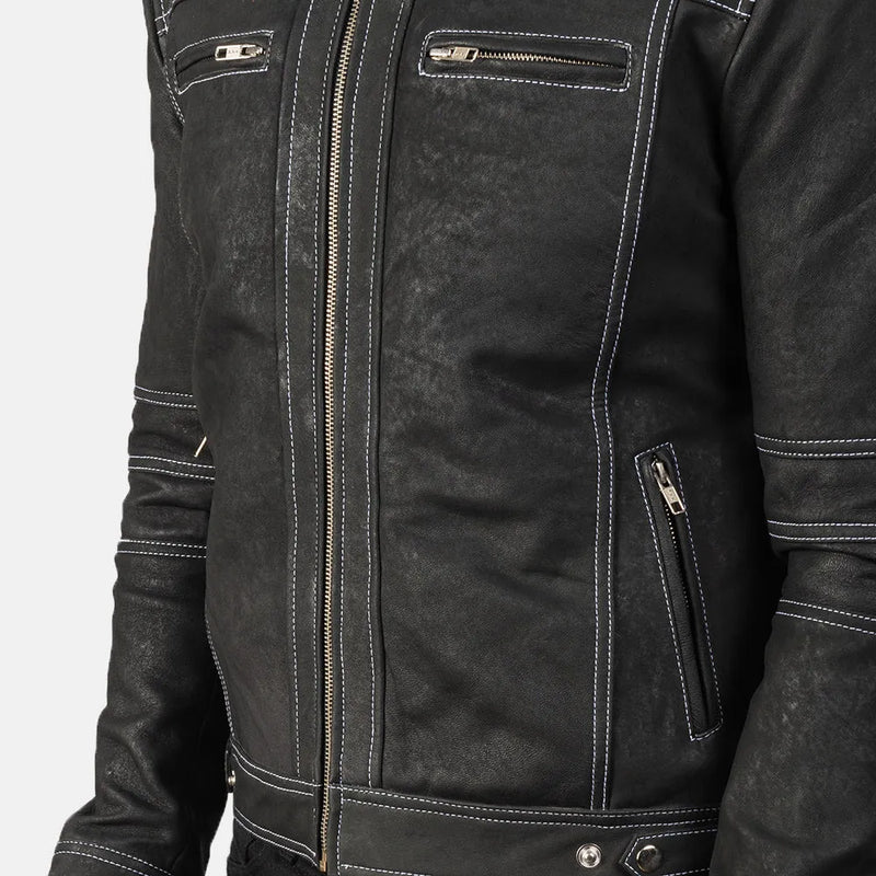 Black leather winter jacket made from soft, stretchy material.