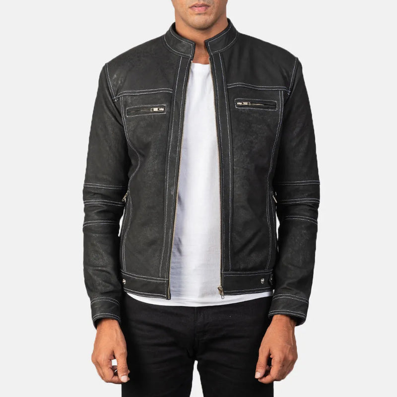 Black leather winter jacket made from soft, stretchy material.