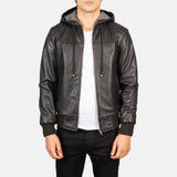 Black leather zip jacket for men with a hood, perfect for a trendy and edgy look.