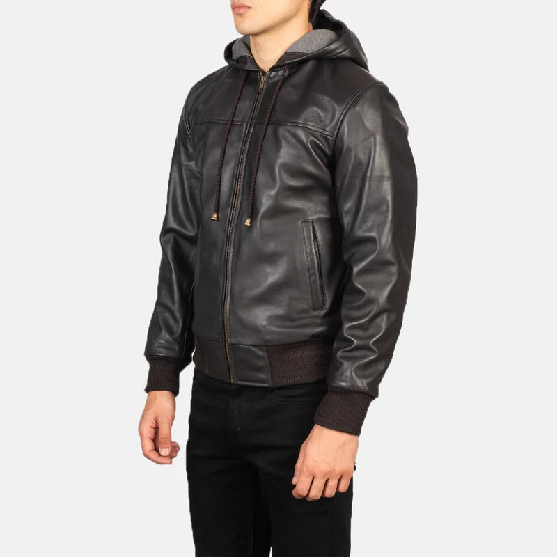Black leather zip jacket for men with a hood, perfect for a trendy and edgy look.