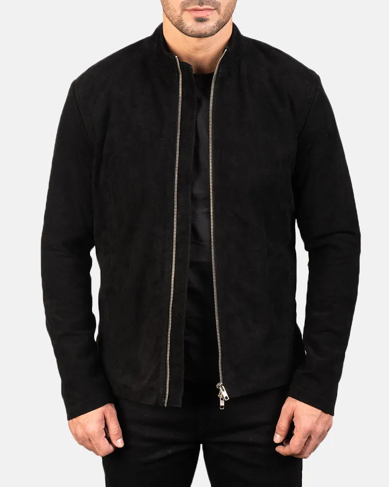 A stylish black suede jacket, perfect for any occasion. Its sleek design and soft texture make it a must-have in your wardrobe.