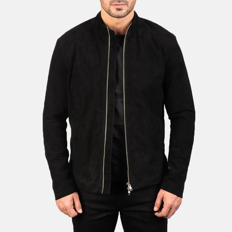 A stylish black suede jacket, perfect for any occasion. Its sleek design and soft texture make it a must-have in your wardrobe.