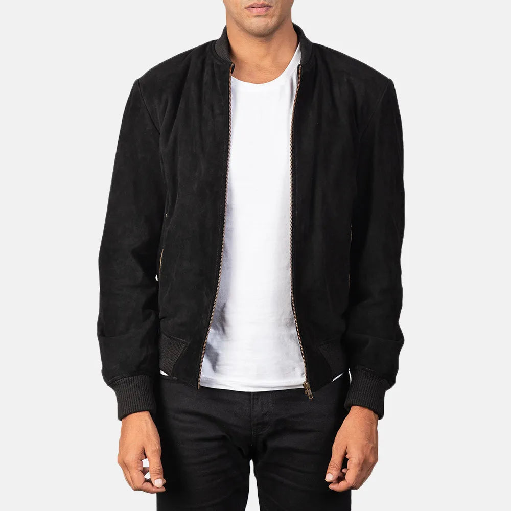 Stylish black vintage bomber jacket, perfect for men's casual outfits.