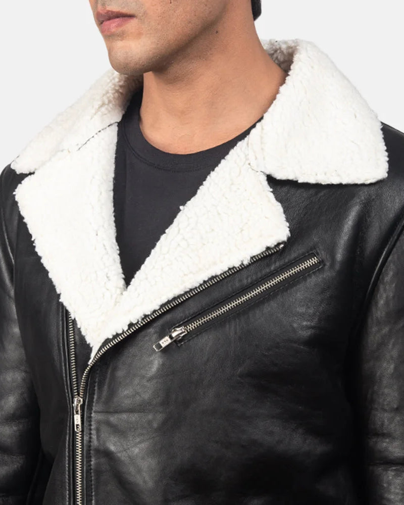 Fashionable black white shearling jacket, ideal for staying warm in style during colder months.