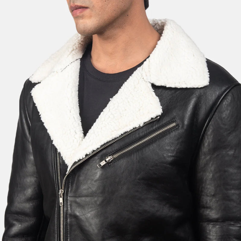 Fashionable black white shearling jacket, ideal for staying warm in style during colder months.