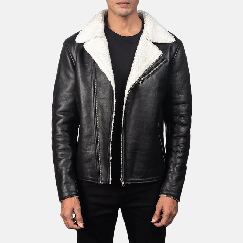 Fashionable black white shearling jacket, ideal for staying warm in style during colder months.