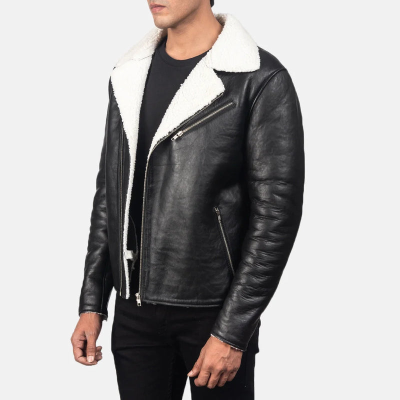 Fashionable black white shearling jacket, ideal for staying warm in style during colder months.