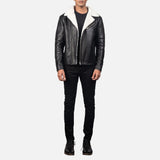 Fashionable black white shearling jacket, ideal for staying warm in style during colder months.