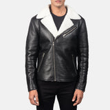 Fashionable black white shearling jacket, ideal for staying warm in style during colder months.