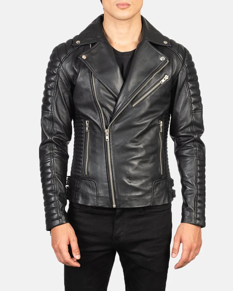 Trendy biker leather jacket in sleek black leather.