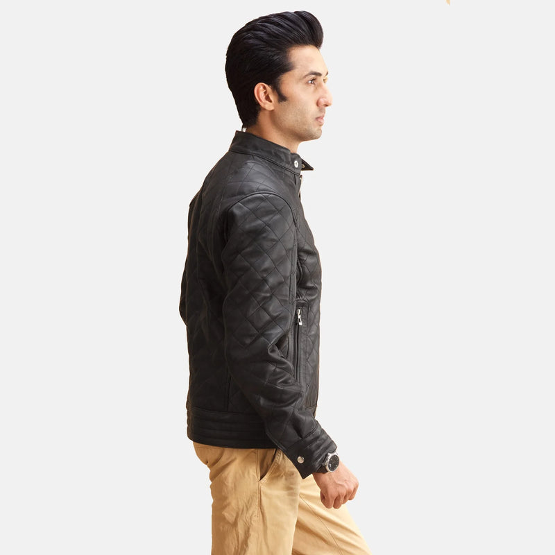 A fashionable man wearing a black zipper jacket. Ideal for a casual and laid-back vibe.