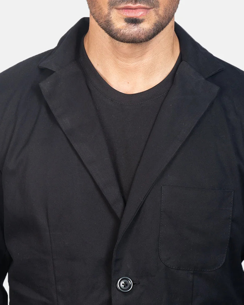 Showcasing black leather blazer for men, epitomizing modern and casual elegance..