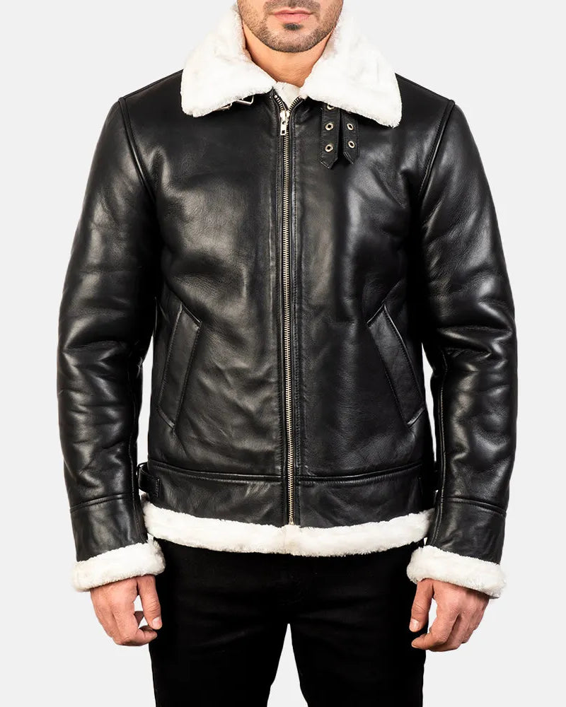 Stay warm and fashionable in this black and white leather jacket with a sleek shearling collar.