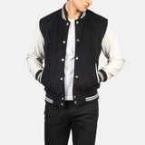 This black and white varsity jacket, crafted from a combination of cotton and wool, offers a fashionable outerwear option.