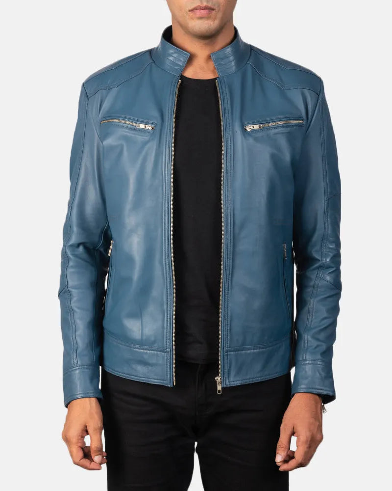 A stylish blue biker jacket made from genuine leather, perfect for adding a touch of cool to any outfit.