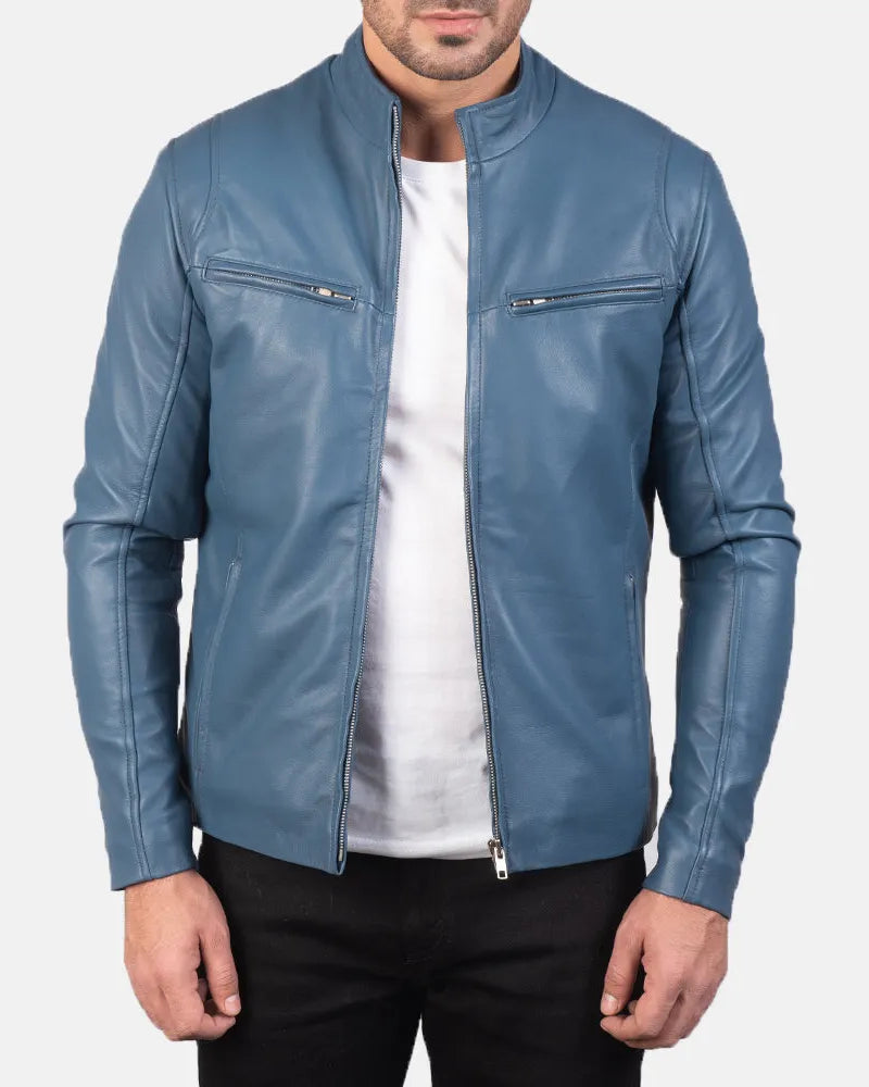 A stylish blue biker jacket men's made from leather, perfect for adding a touch of cool to any outfit.