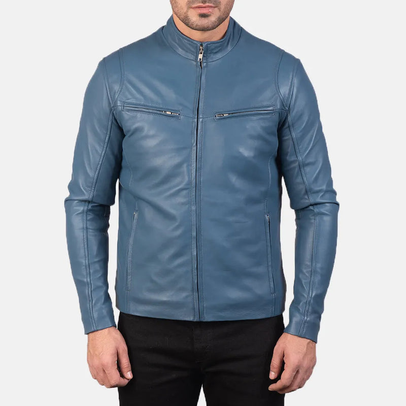 A stylish blue biker jacket men's made from leather, perfect for adding a touch of cool to any outfit.