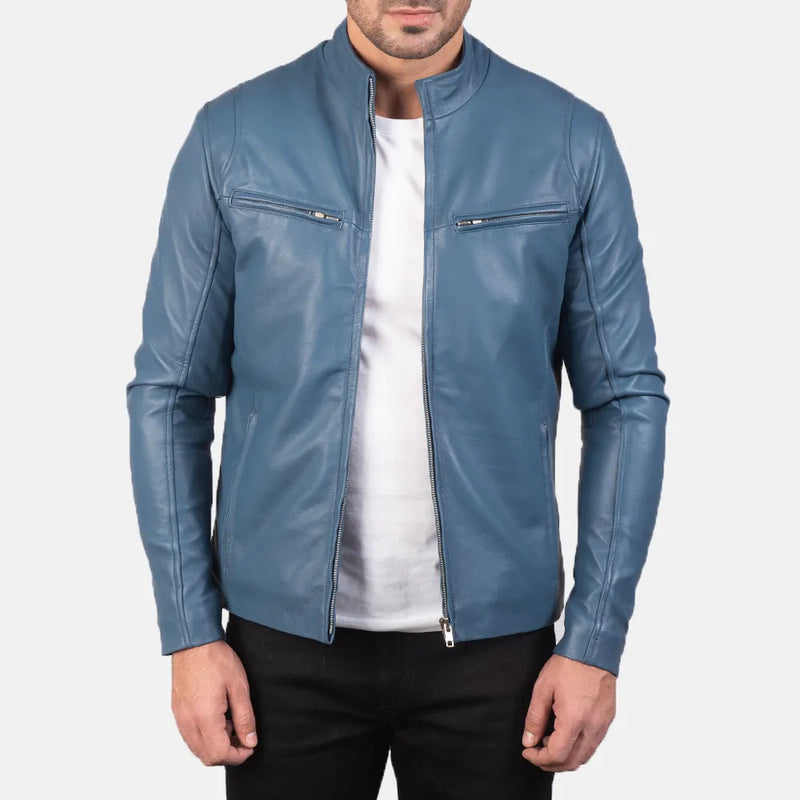 A stylish blue biker jacket men's made from leather, perfect for adding a touch of cool to any outfit.