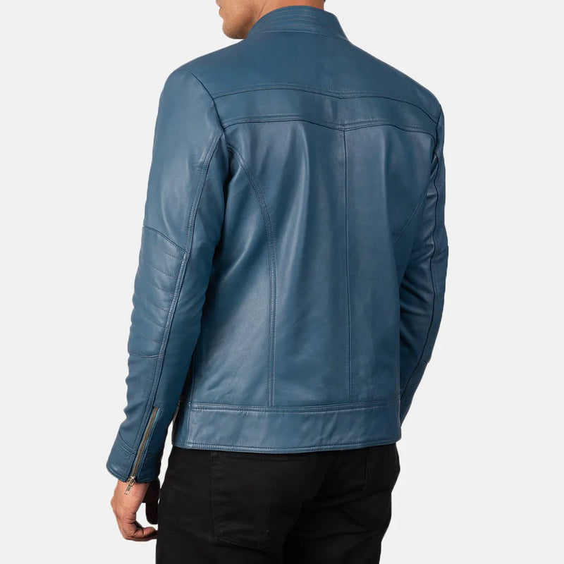 A stylish blue biker jacket made from genuine leather, perfect for adding a touch of cool to any outfit.