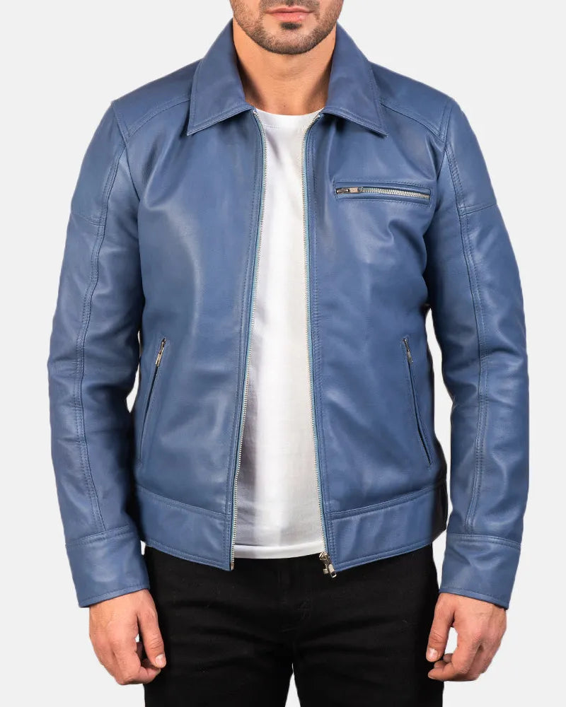 A stylish blue biker leather jacket, crafted from leather, adds a touch of sophistication to your wardrobe.