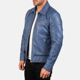 A stylish blue biker leather jacket, crafted from leather, adds a touch of sophistication to your wardrobe.