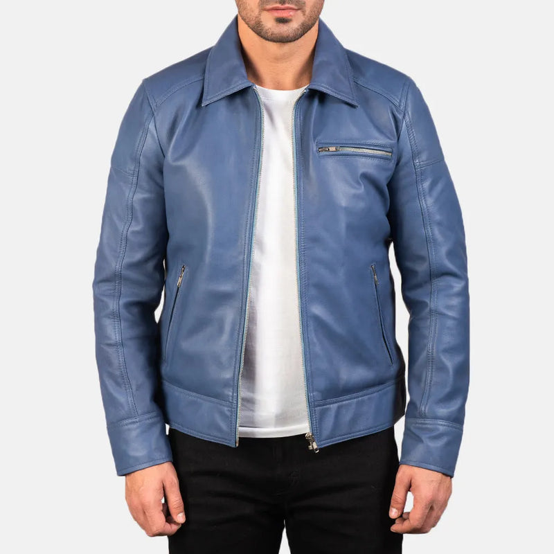 A stylish blue biker leather jacket, crafted from leather, adds a touch of sophistication to your wardrobe.