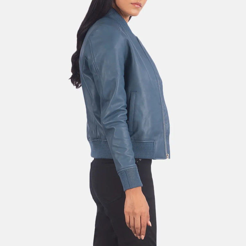 leather Blue bomber jacket women, perfect for a trendy and fashionable look.