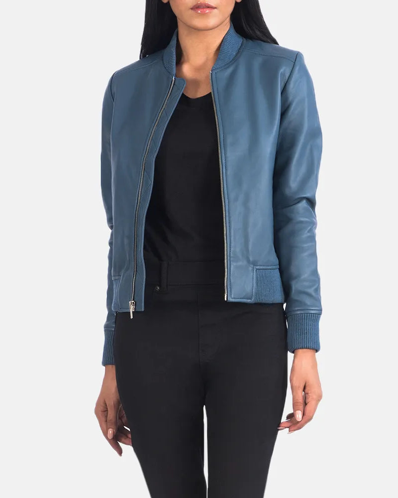 leather Blue bomber jacket women, perfect for a trendy and fashionable look.