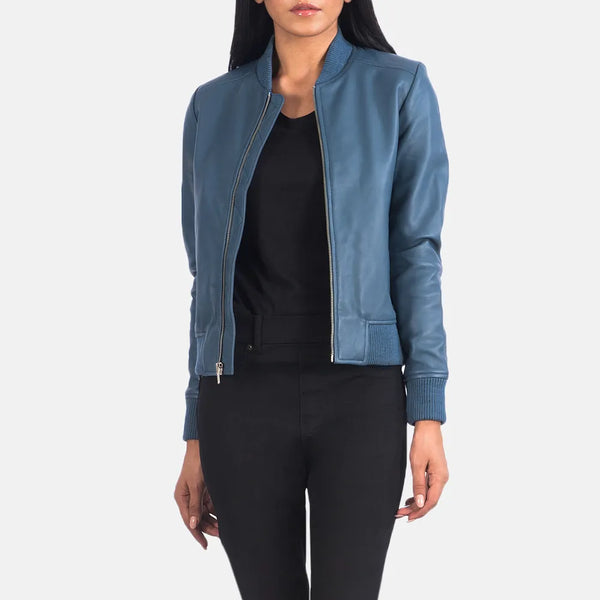 leather Blue bomber jacket women, perfect for a trendy and fashionable look.