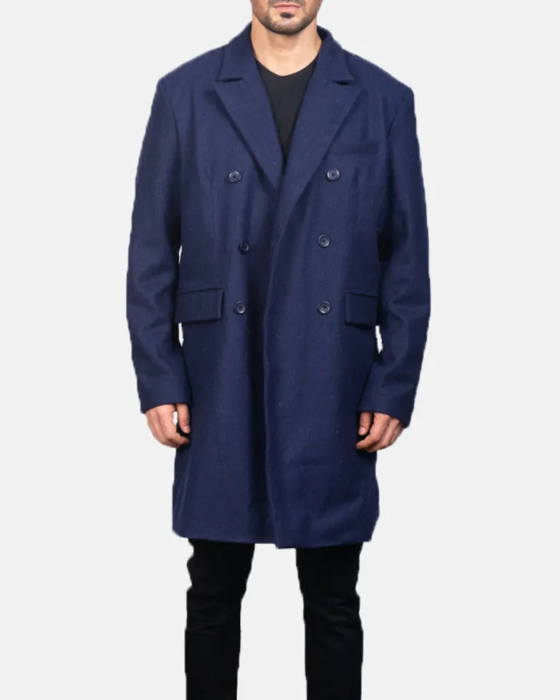 Blue Leather Coat in Wool Double Breasted