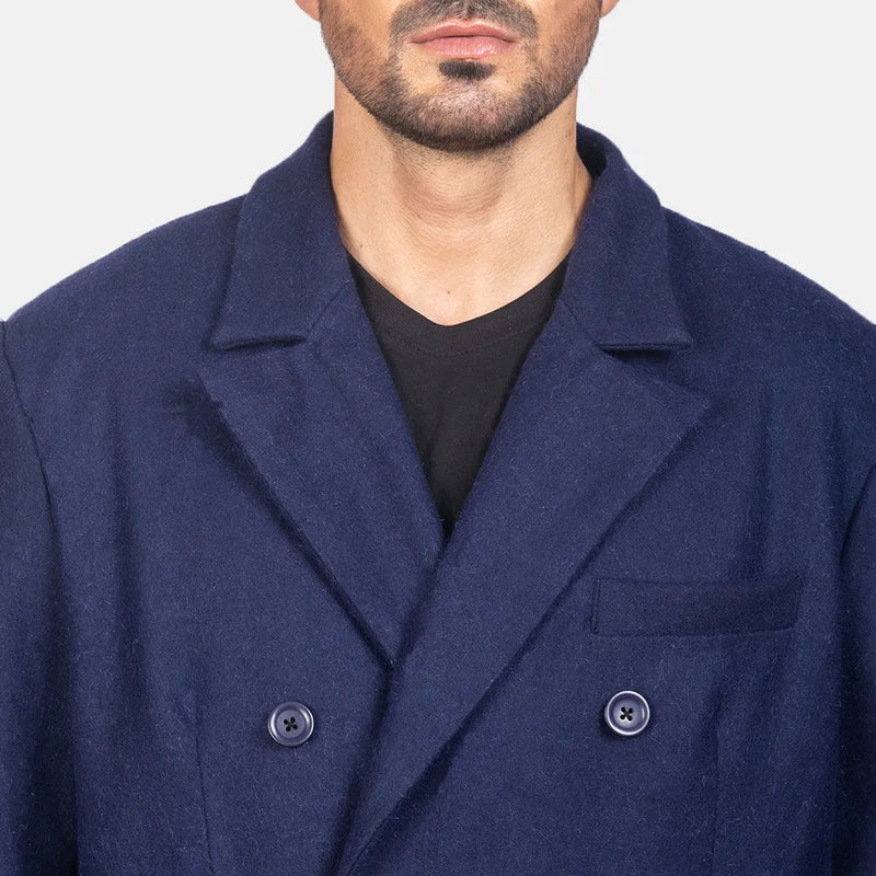 Blue Leather Coat in Wool Double Breasted