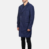 Blue Leather Coat in Wool Double Breasted