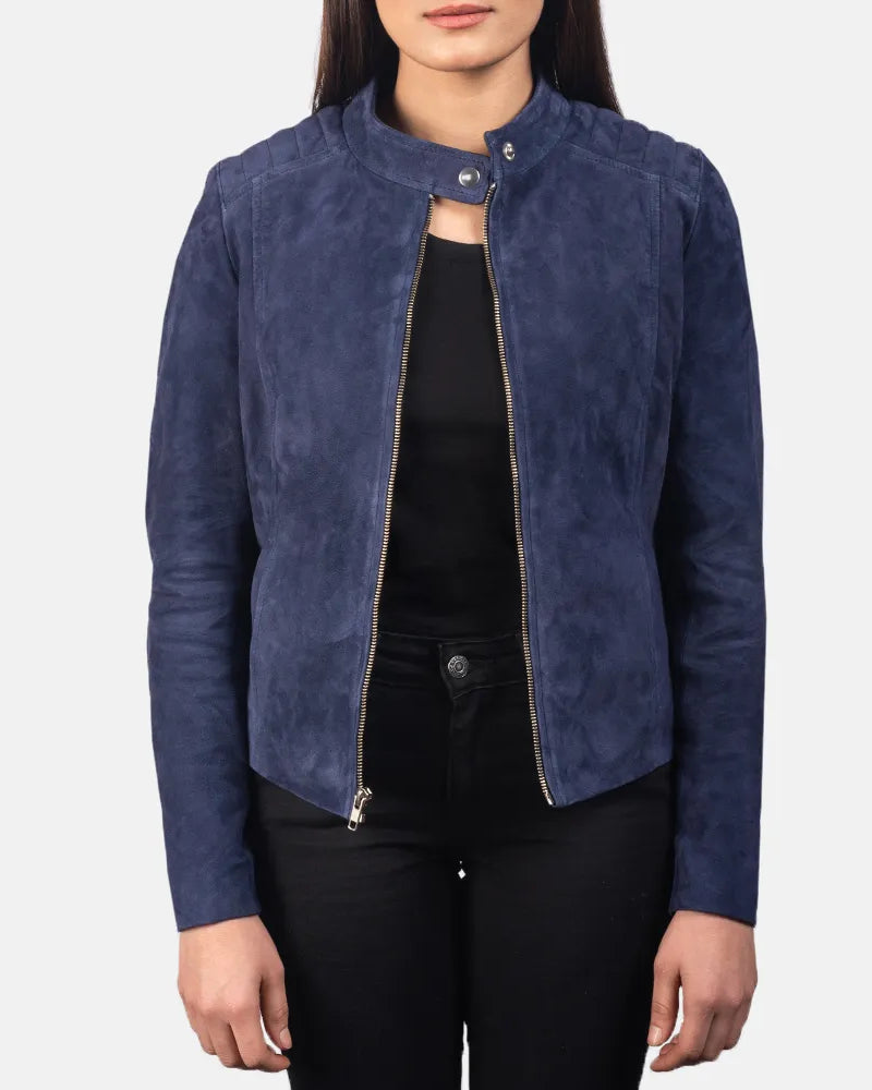 A stylish blue suede jacket women's made from soft, lightweight fabric. Perfect for a trendy and comfortable look!