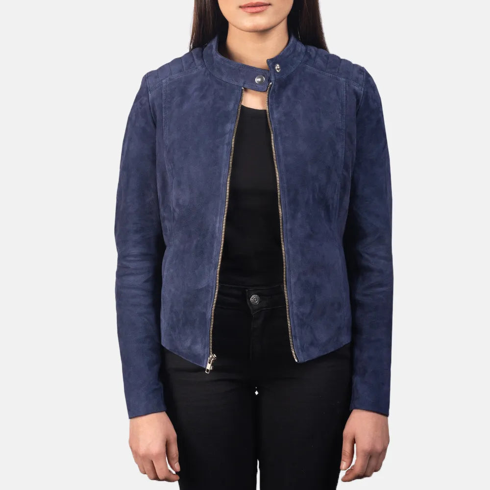 A stylish blue suede jacket women's made from soft, lightweight fabric. Perfect for a trendy and comfortable look!