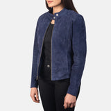 A stylish blue suede jacket women's made from soft, lightweight fabric. Perfect for a trendy and comfortable look!