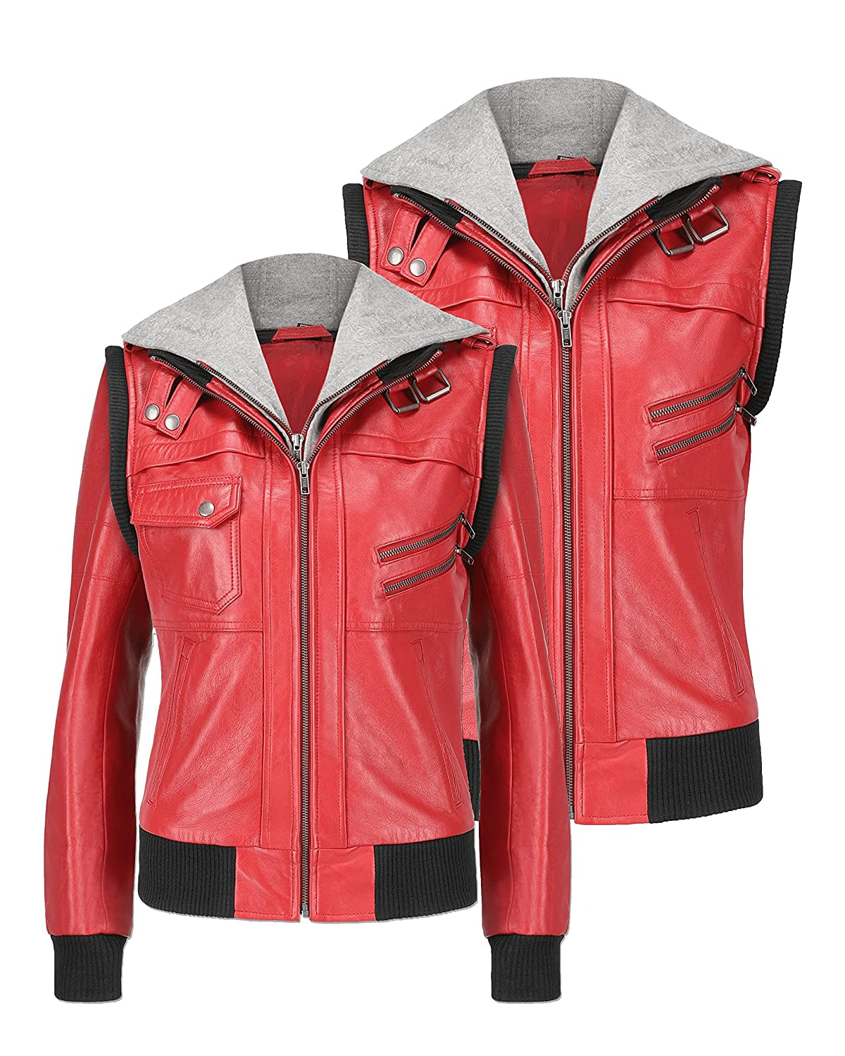 Premium Women's Hooded Red Leather Jacket