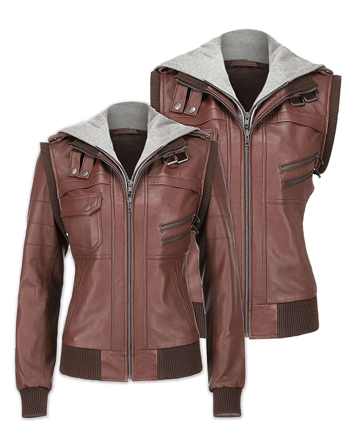 Elegant Women Hooded Brown Leather Jacket