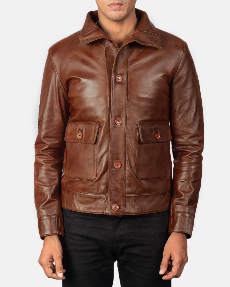 Luxurious brown bomber coat men's crafted from genuine leather. Perfect for the stylish man.