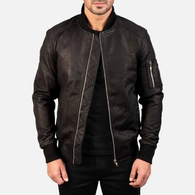 A sleek bomber jacket black crafted from genuine leather, exuding an air of sophistication and style.