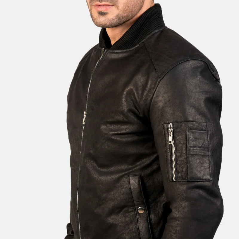 A sleek bomber jacket black crafted from genuine leather, exuding an air of sophistication and style.