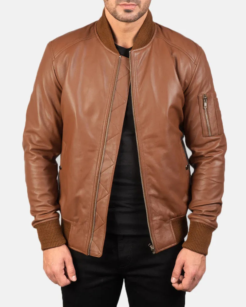 Leather bomber jacket brown for men, made with high-quality sheepskin leather.